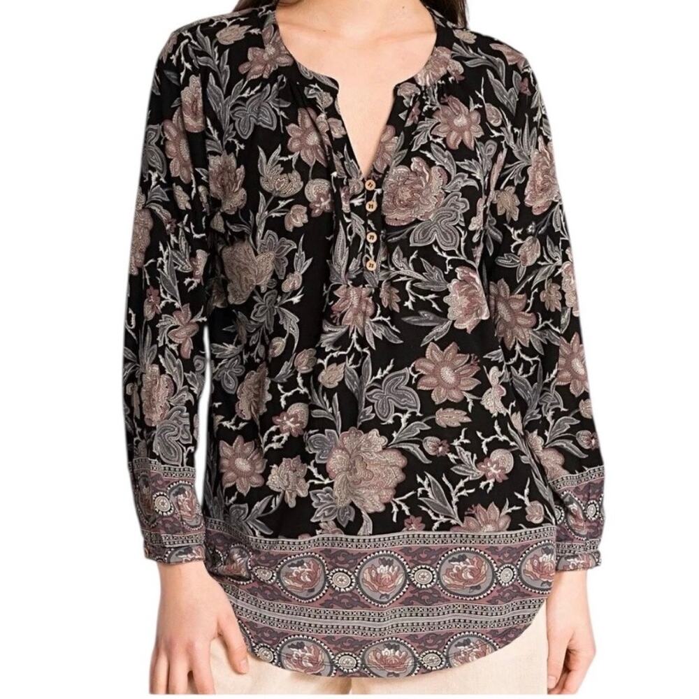 Lucky Brand‎ Boho Mixed Print Floral Popover Tunic Top Size 2X Neutral Normcore